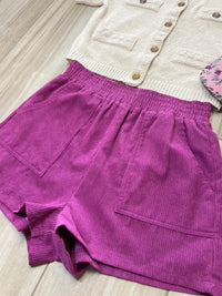 Corduroy (Purple) Shorts with Elastic Waist & Pockets