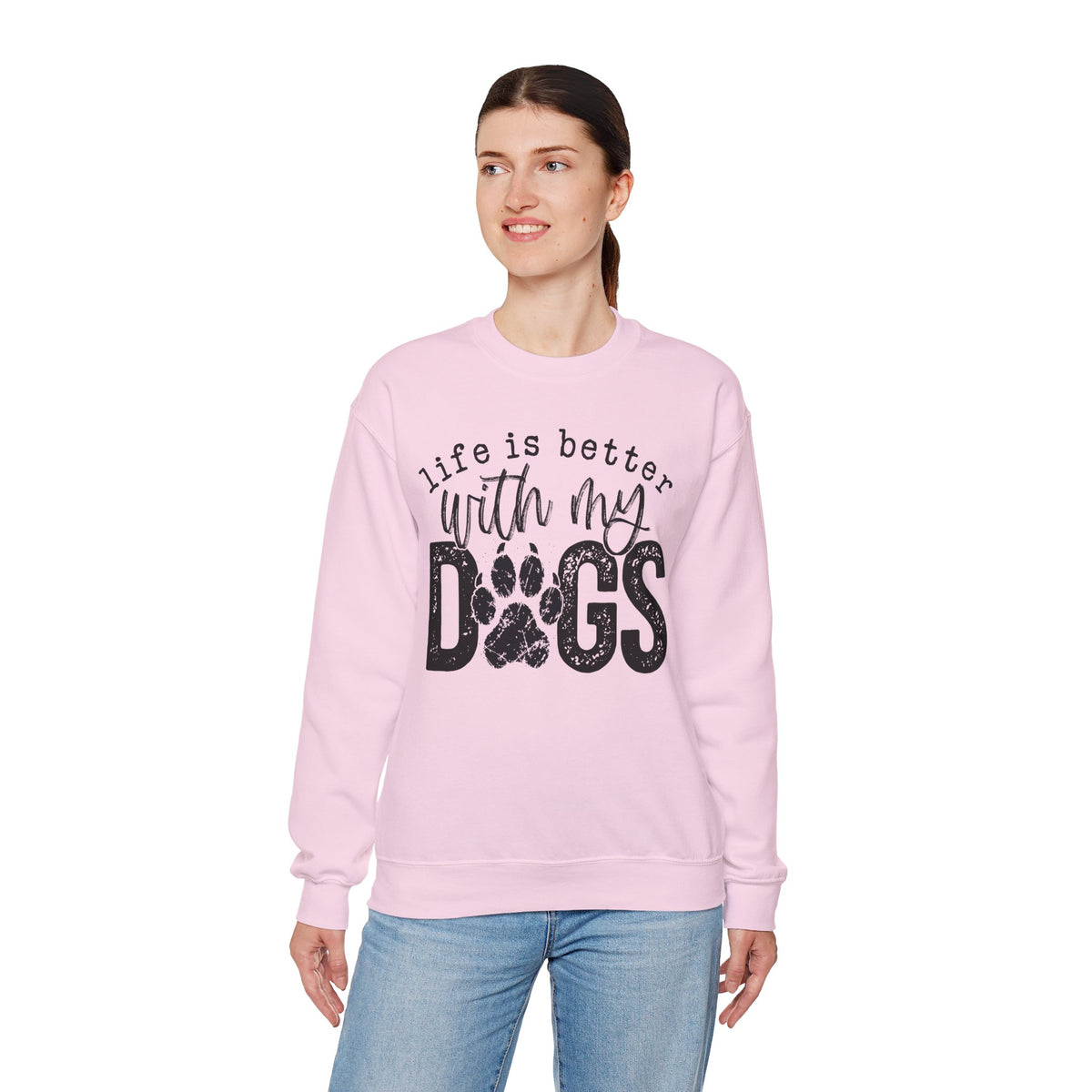 Life Is Better With My Dogs, Distressed – Gildan Heavy Blend | Trendy Women’s and Men's Soft Sweatshirt. Direct to Garment. Printed & Shipped in the USA. Unisex Sizes.
