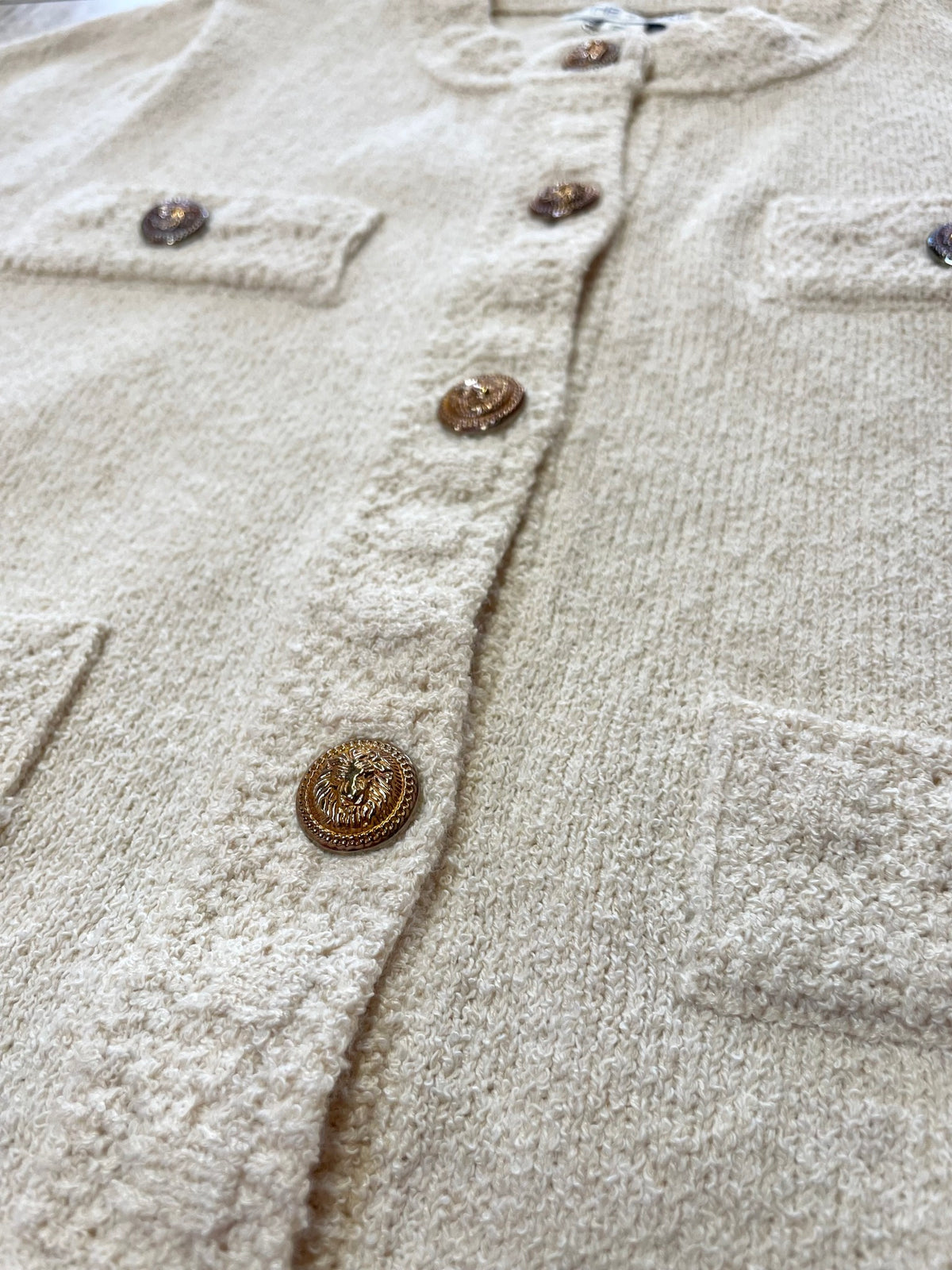 Puff Sleeve Beige Button Up Sweater Jacket