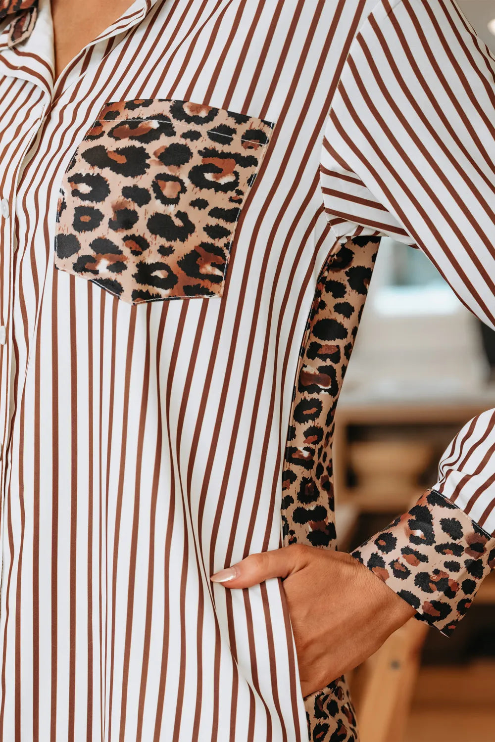 Brown & White Striped and Leopard Print Shirt Dress with Pockets