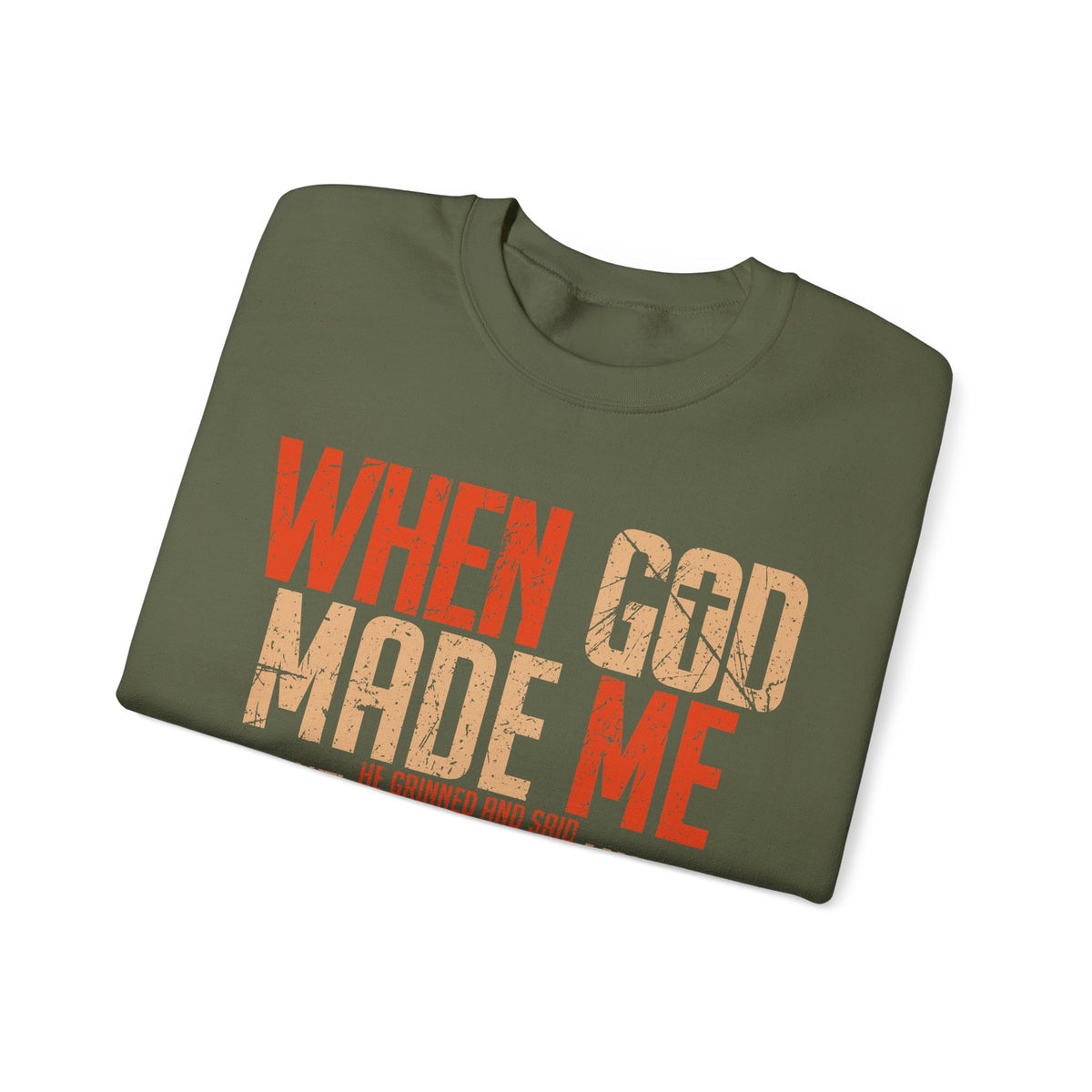 When God Made Me "This'll Be Fun" Christian Faith Distressed – Gildan Heavy Blend | Trendy Women’s and Men's Soft Sweatshirt. Direct to Garment. Printed & Shipped in the USA. Unisex Sizes.