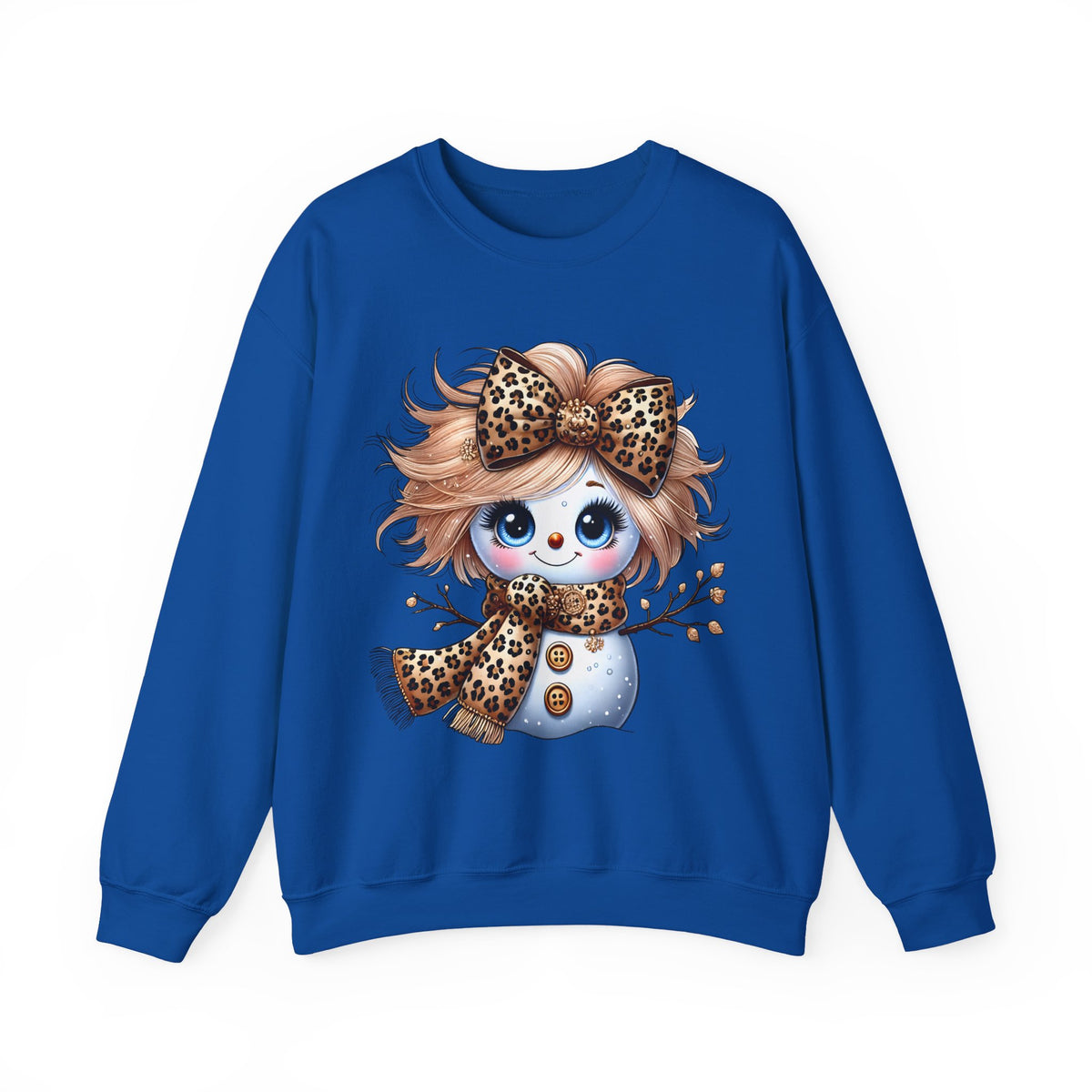 Snowgirl Cute Leopard Bow Snowman, Winter Cozy – Gildan Heavy Blend | Trendy Women’s Soft Sweatshirt. Direct to Garment. Printed & Shipped in the USA. Unisex Sizes.