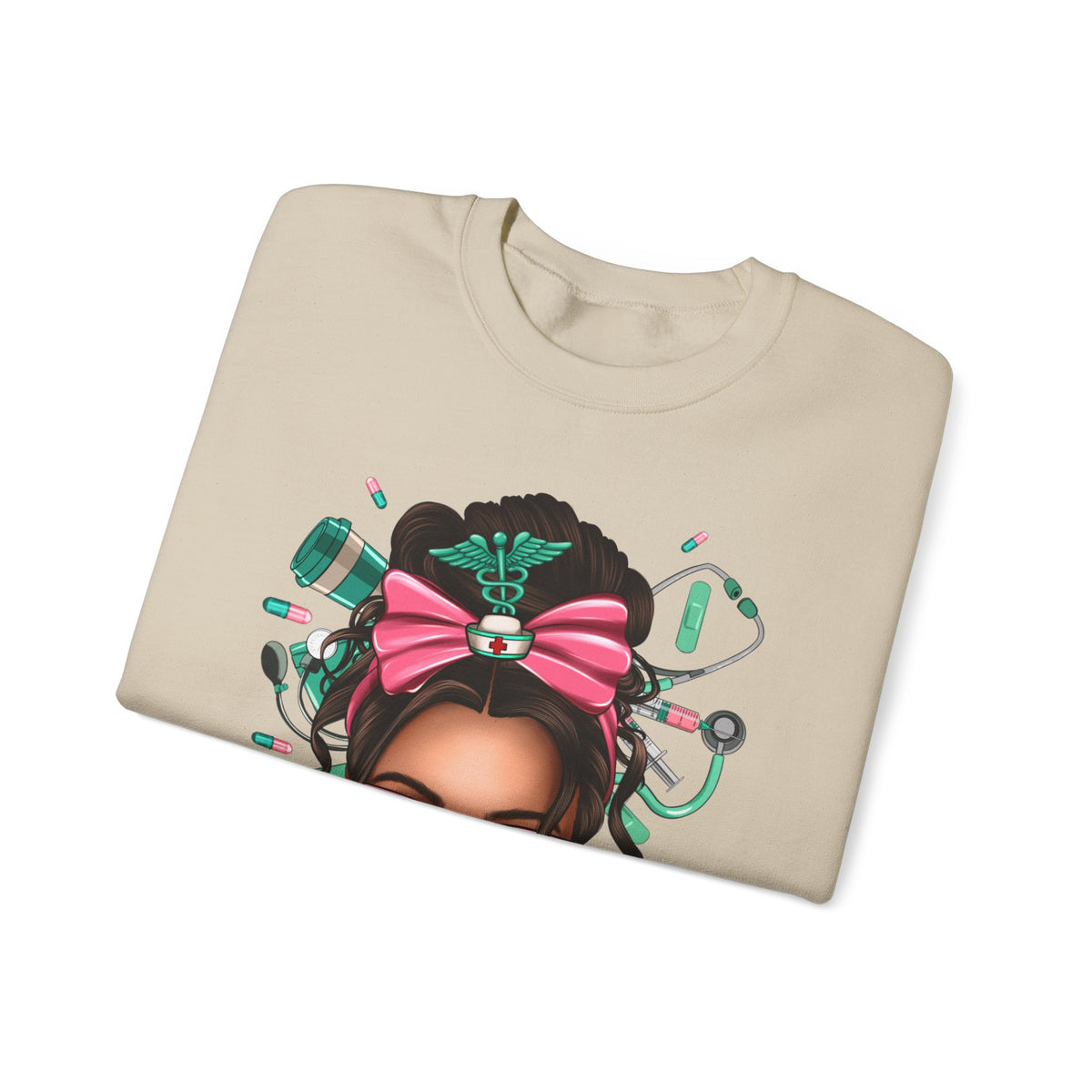 Nurse Life Messy Bun, Cute Stethoscope & Syringe – Gildan Heavy Blend | Trendy Women’s Soft Sweatshirt. Direct to Garment. Printed & Shipped in the USA. Unisex Sizes.