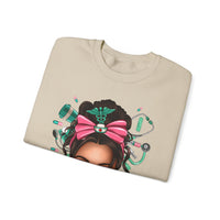 Nurse Life Messy Bun, Cute Stethoscope & Syringe – Gildan Heavy Blend | Trendy Women’s Soft Sweatshirt. Direct to Garment. Printed & Shipped in the USA. Unisex Sizes.
