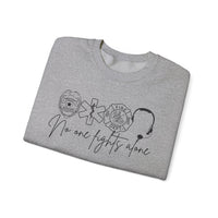 No One Fights Alone, Heroes – Gildan Heavy Blend | Trendy Women’s and Men's Soft Sweatshirt. Direct to Garment. Printed & Shipped in the USA. Unisex Sizes.