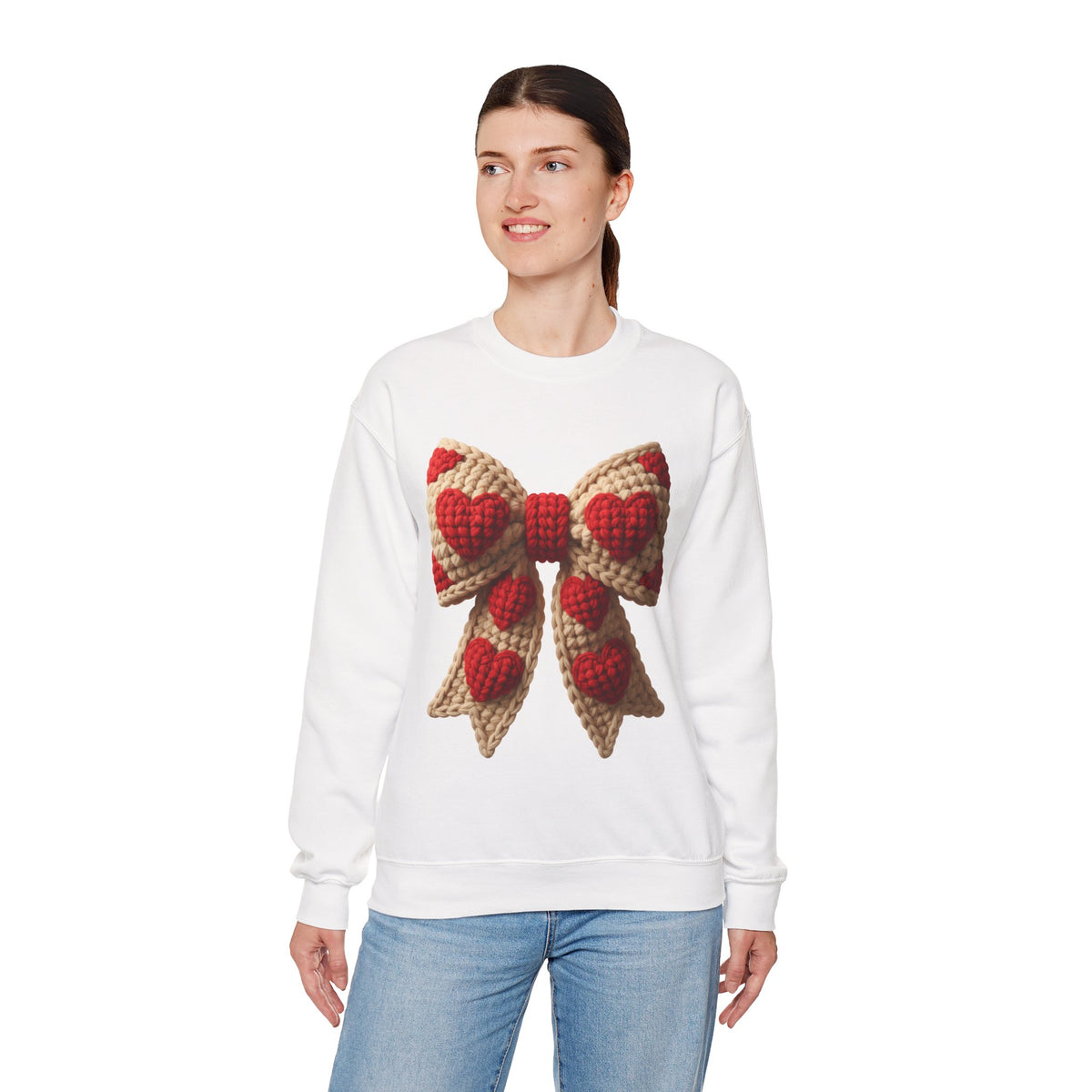 Faux Crochet Valentine Bow – Gildan Heavy Blend | Trendy Women’s Soft Sweatshirt. Direct to Garment. Printed & Shipped in the USA. Unisex Sizes.