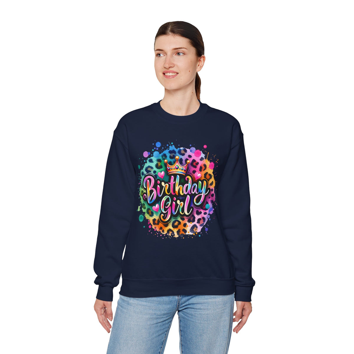 Birthday Girl, Neon Leopard – Gildan Heavy Blend | Trendy Women’s Soft Sweatshirt. Direct to Garment. Printed & Shipped in the USA. Unisex Sizes.