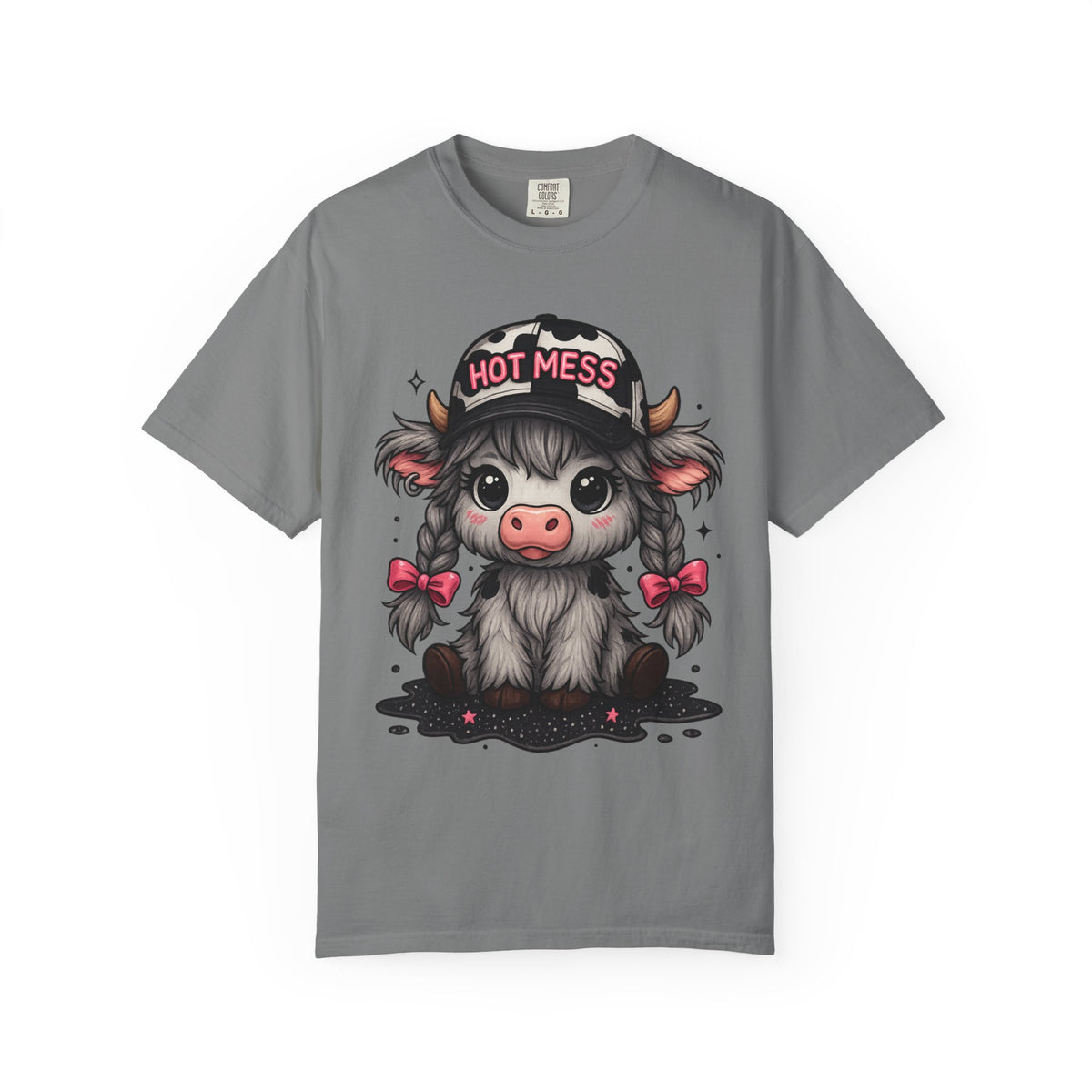 Cute Highland Cow 'Hot Mess' In Braids  - Comfort Colors | Trendy Women's T-Shirt. Direct to Garment. Printed & Shipped in the USA. Unisex Sizes.