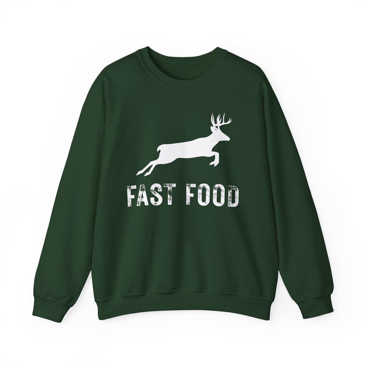 Fast Food Deer Hunting Humor Distressed – Gildan Heavy Blend | Trendy Men's and Women’s Soft Sweatshirt. Direct to Garment. Printed & Shipped in the USA. Unisex Sizes.