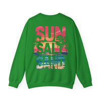 Sun Salt Sand, Beach Sunset - Front & Back Print – Gildan Heavy Blend | Trendy Women’s and Men's Soft Sweatshirt. Direct to Garment. Printed & Shipped in the USA. Unisex Sizes.