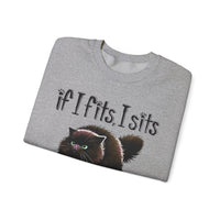 If I Fits I Sits, Cat in a Box – Gildan Heavy Blend | Trendy Women’s and Men's Soft Sweatshirt. Direct to Garment. Printed & Shipped in the USA. Unisex Sizes.