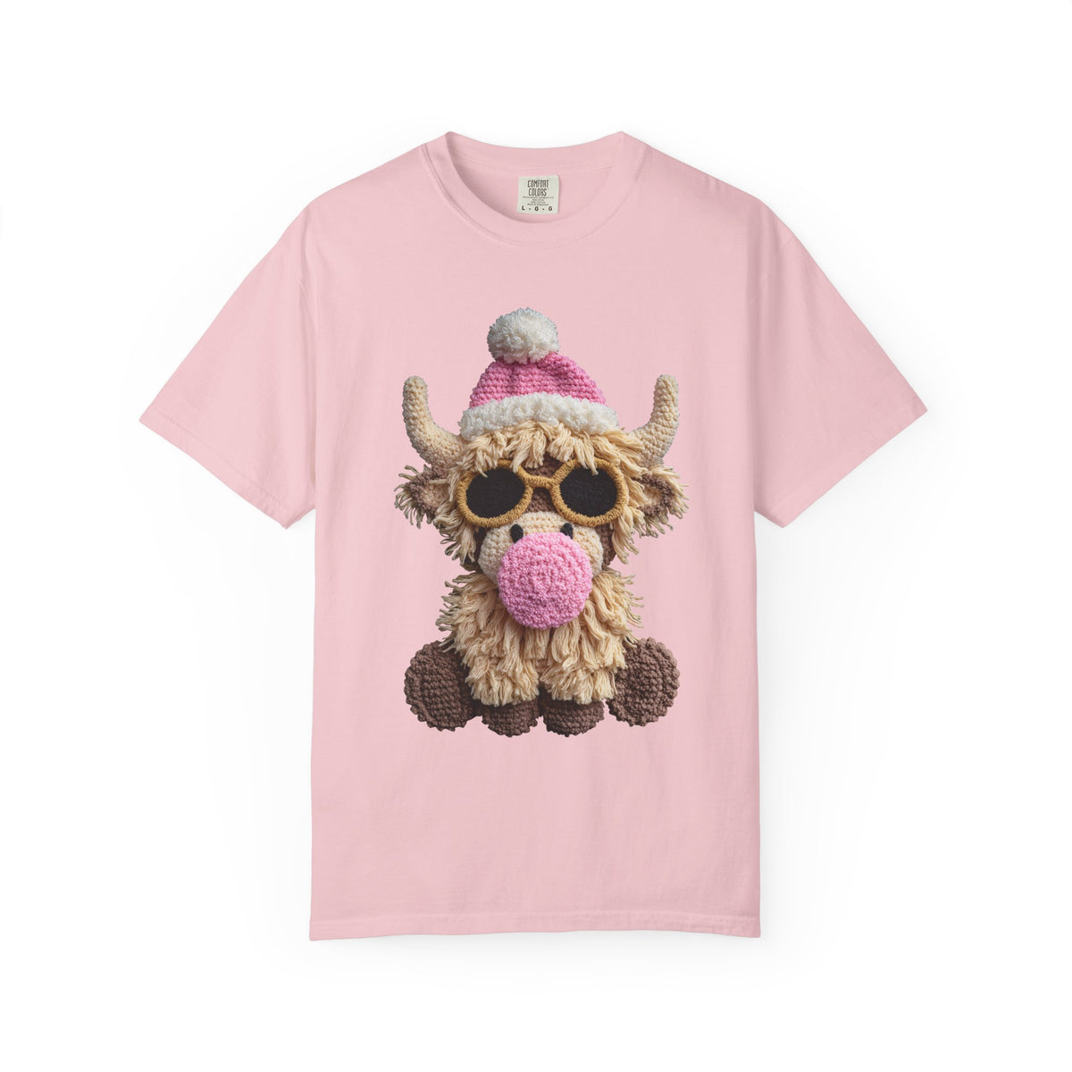 Faux Crochet Highland Cow Bubblegum - Comfort Colors | Trendy Women's T-Shirt. Direct to Garment. Printed & Shipped in the USA. Unisex Sizes.