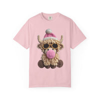 Faux Crochet Highland Cow Bubblegum - Comfort Colors | Trendy Women's T-Shirt. Direct to Garment. Printed & Shipped in the USA. Unisex Sizes.