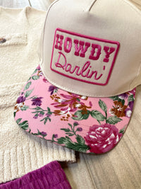 Embroidered (Pink & Tan) Howdy Darlin' Patch Floral Bill Snapback Hat
