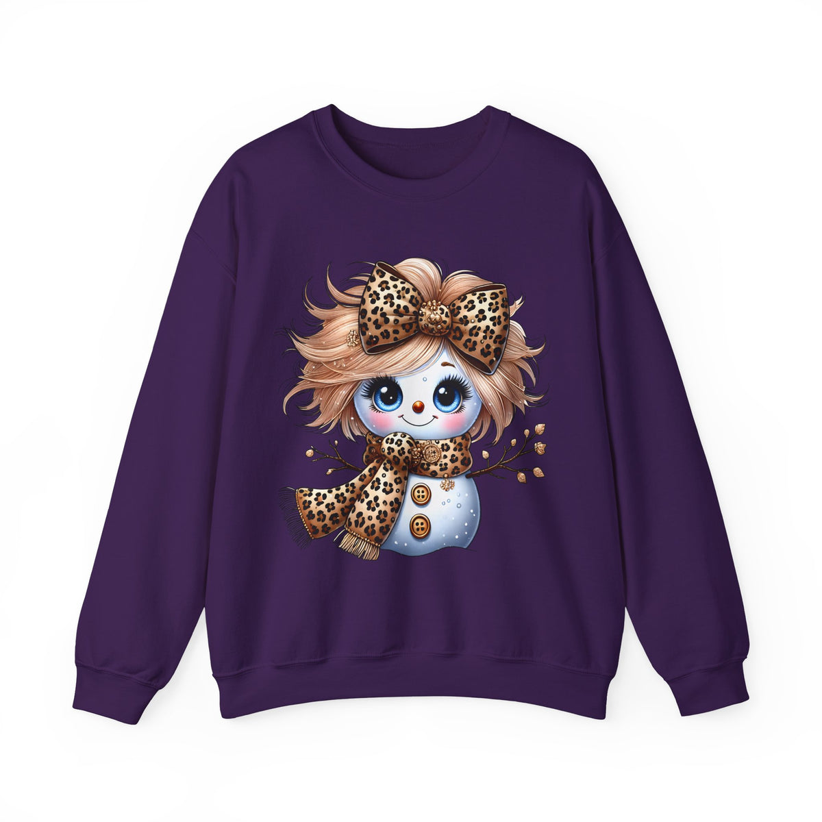Snowgirl Cute Leopard Bow Snowman, Winter Cozy – Gildan Heavy Blend | Trendy Women’s Soft Sweatshirt. Direct to Garment. Printed & Shipped in the USA. Unisex Sizes.