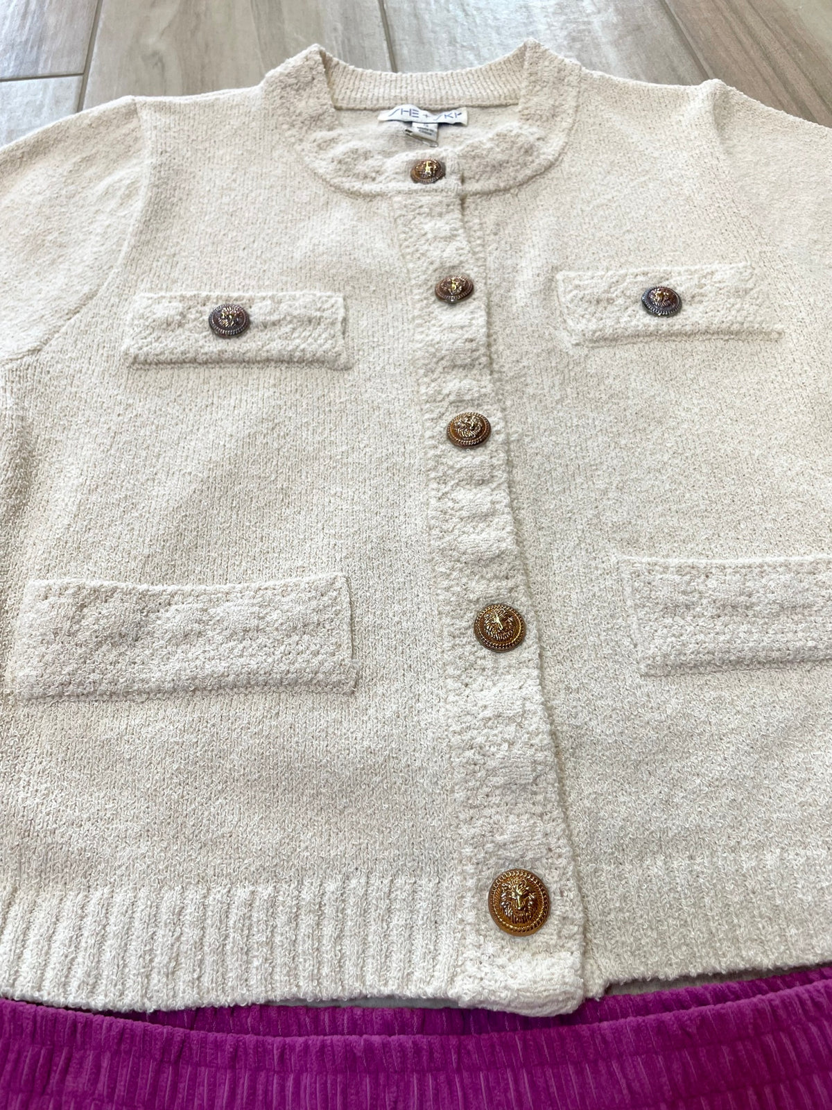 Puff Sleeve Beige Button Up Sweater Jacket