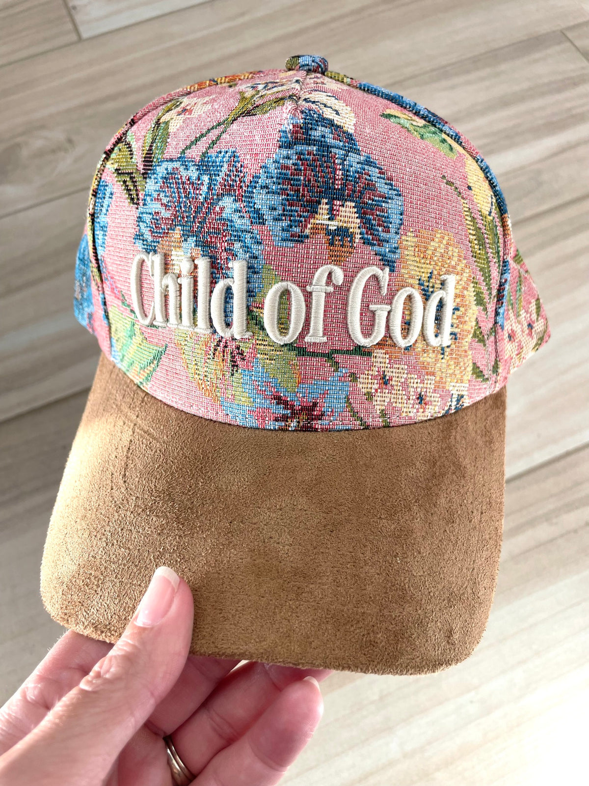Embroidered (Pink Floral) Child of God Ribbed Snapback Hat