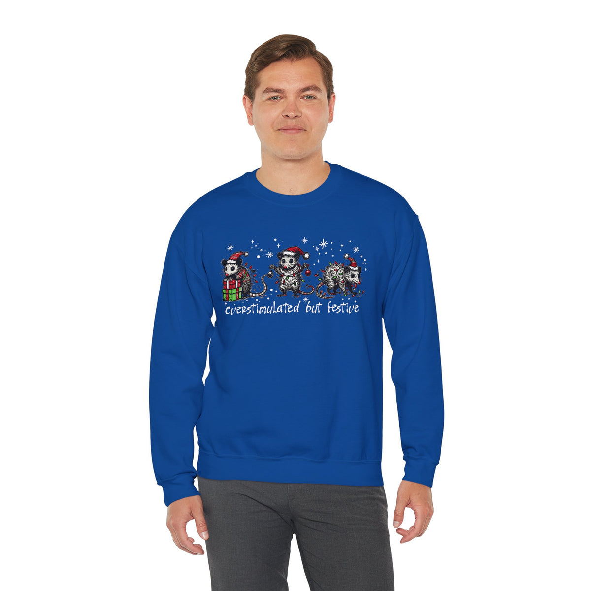 Overstimulated But Festive Christmas Possums – Gildan Heavy Blend | Trendy Women’s and Men's Soft Sweatshirt. Direct to Garment. Printed & Shipped in the USA. Unisex Sizes.