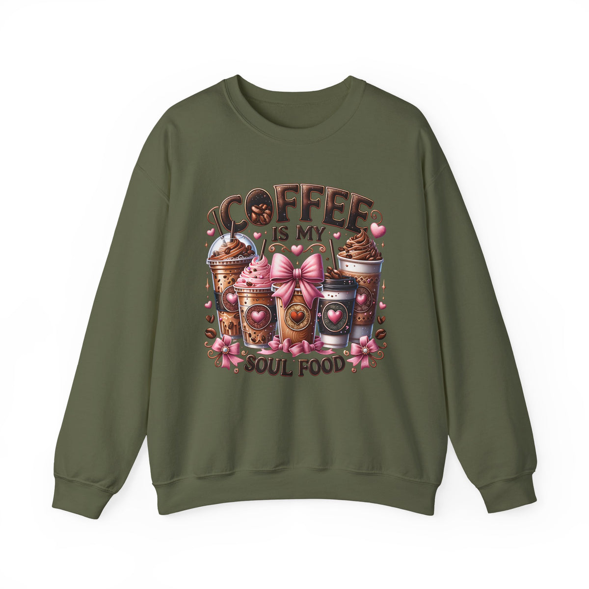 Coffee Is My Soul Food, Iced Coffee, Pink Bow – Gildan Heavy Blend | Trendy Women’s Soft Sweatshirt. Direct to Garment. Printed & Shipped in the USA. Unisex Sizes.