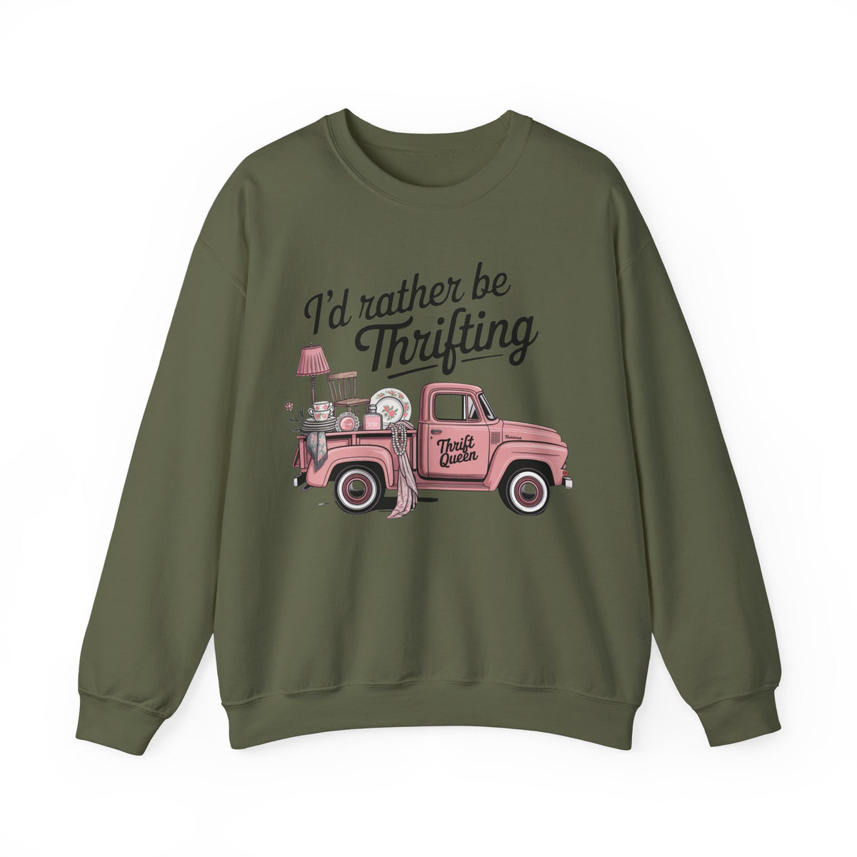 I'd Rather Be Thrifting. Pink Vintage Truck – Gildan Heavy Blend | Trendy Women’s Soft Sweatshirt. Direct to Garment. Printed & Shipped in the USA. Unisex Sizes.