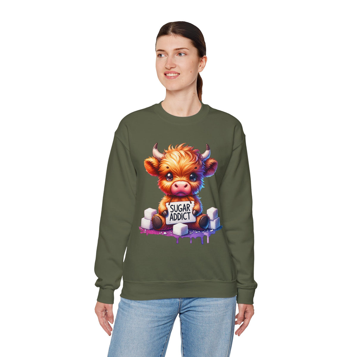 Sugar Addict Highland Cow – Gildan Heavy Blend | Trendy Women’s Soft Sweatshirt. Direct to Garment. Printed & Shipped in the USA. Unisex Sizes.