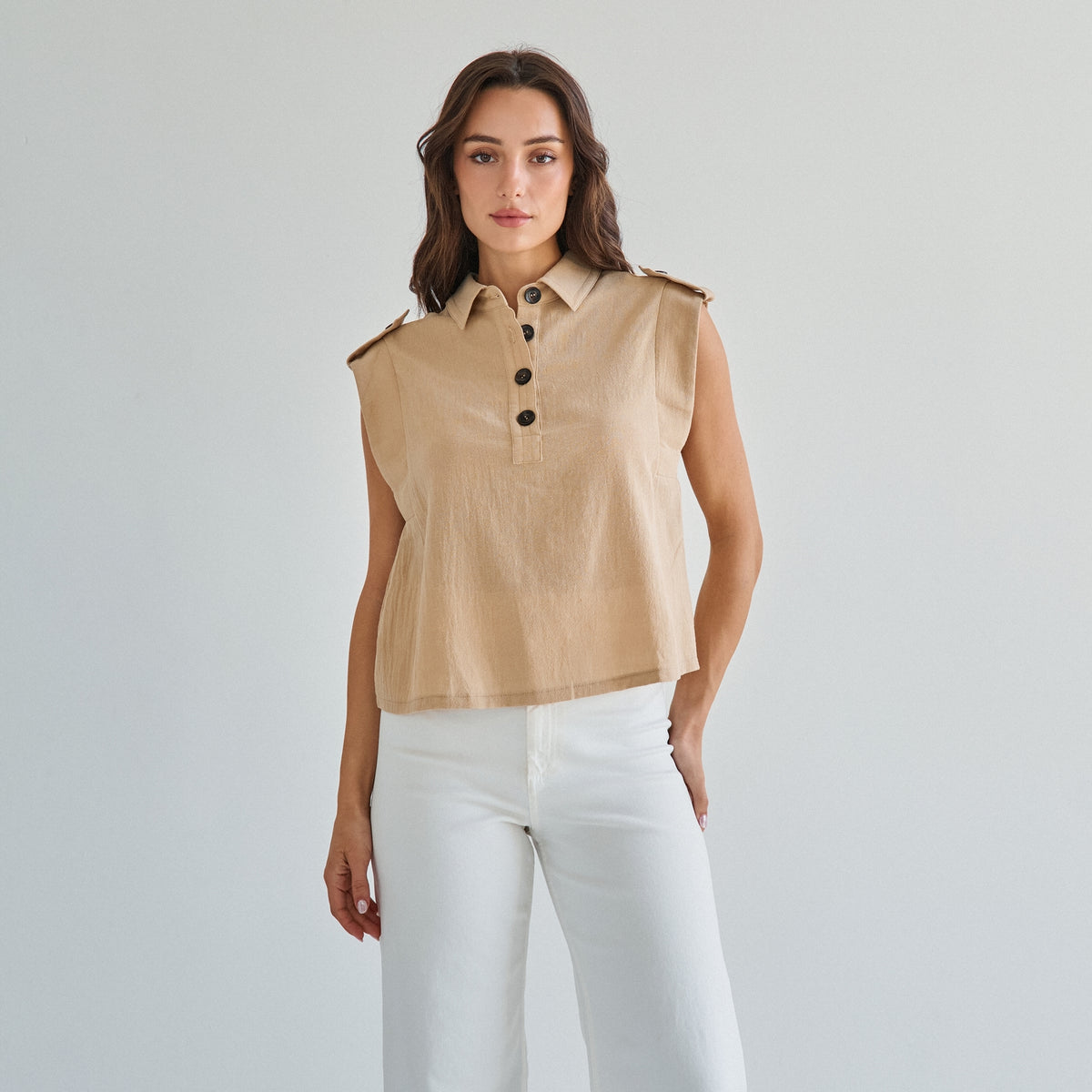 Sleeveless Button 100% Cotton Beige Top w/Extra Side Bra Coverage