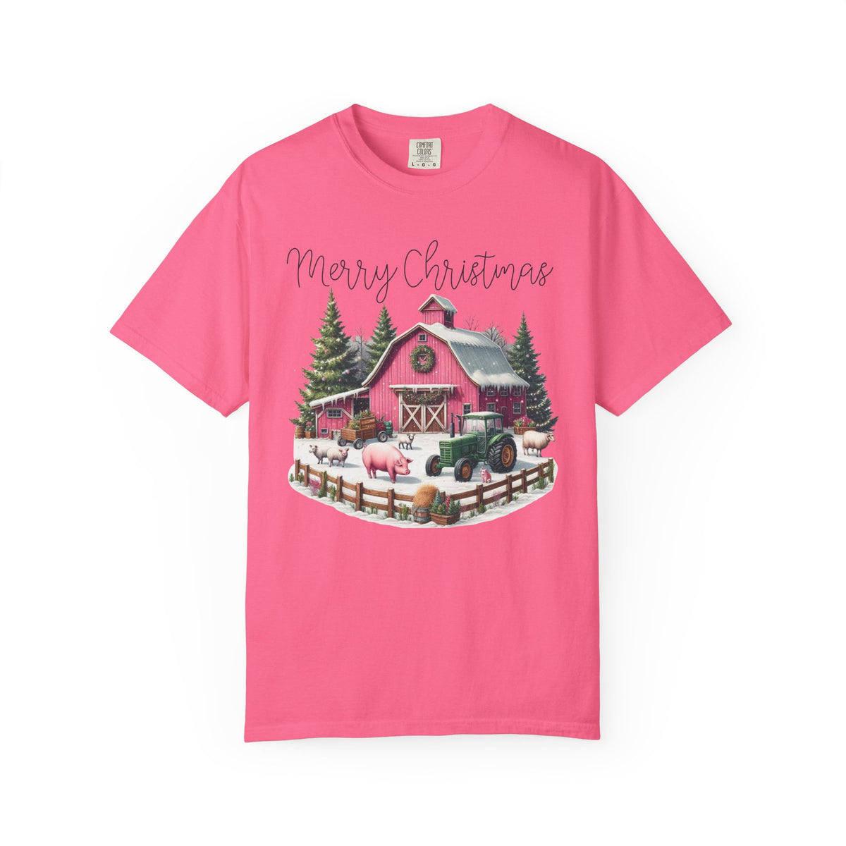 Merry Christmas Pink Barn Farm Animals - Comfort Colors | Trendy Women's T-Shirt. Direct to Garment. Printed & Shipped in the USA. Unisex Sizes.