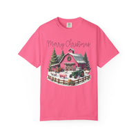Merry Christmas Pink Barn Farm Animals - Comfort Colors | Trendy Women's T-Shirt. Direct to Garment. Printed & Shipped in the USA. Unisex Sizes.