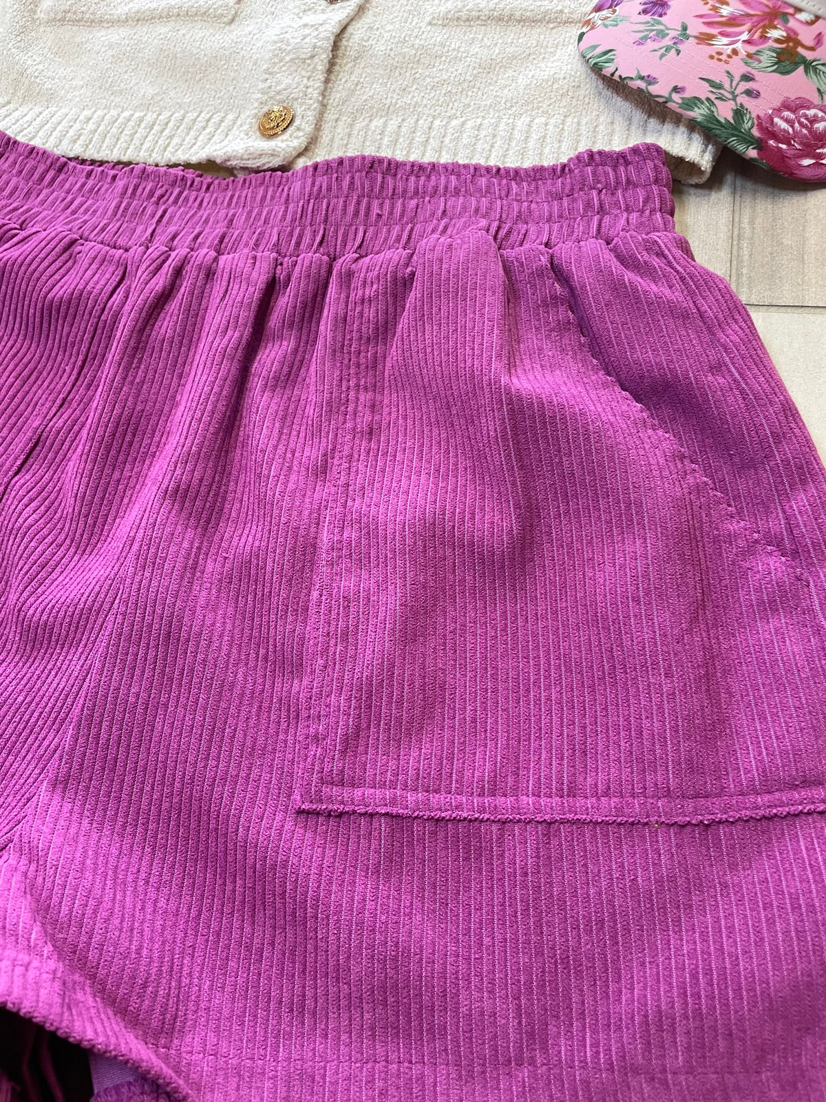 Corduroy (Purple) Shorts with Elastic Waist & Pockets