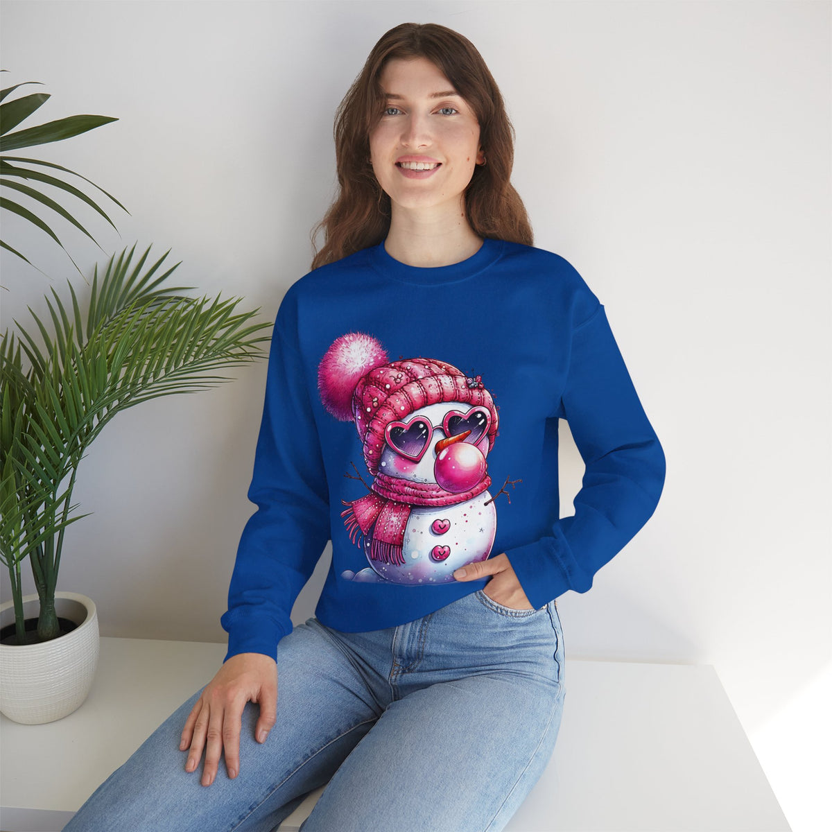 Pink Girly Snowman with Heart Sunglasses and Bubblegum - Winter – Gildan Heavy Blend | Trendy Women’s Soft Sweatshirt. Direct to Garment. Printed & Shipped in the USA. Unisex Sizes.