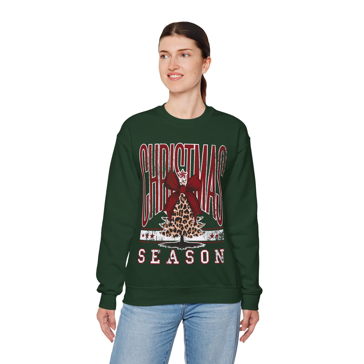 Christmas Season Leopard Tree Distressed – Gildan Heavy Blend | Trendy Women’s Soft Sweatshirt. Direct to Garment. Printed & Shipped in the USA. Unisex Sizes.
