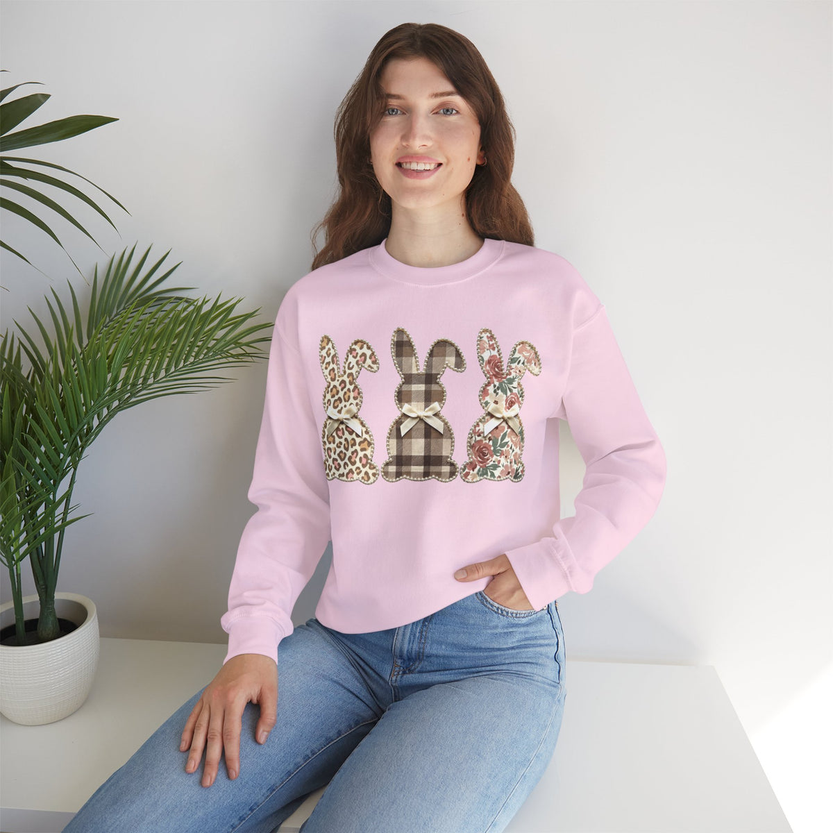 Easter Bunny Trio, Leopard, Plaid & Floral - Faux Pearl Outline – Gildan Heavy Blend | Trendy Women’s Soft Sweatshirt. Direct to Garment. Printed & Shipped in the USA. Unisex Sizes.