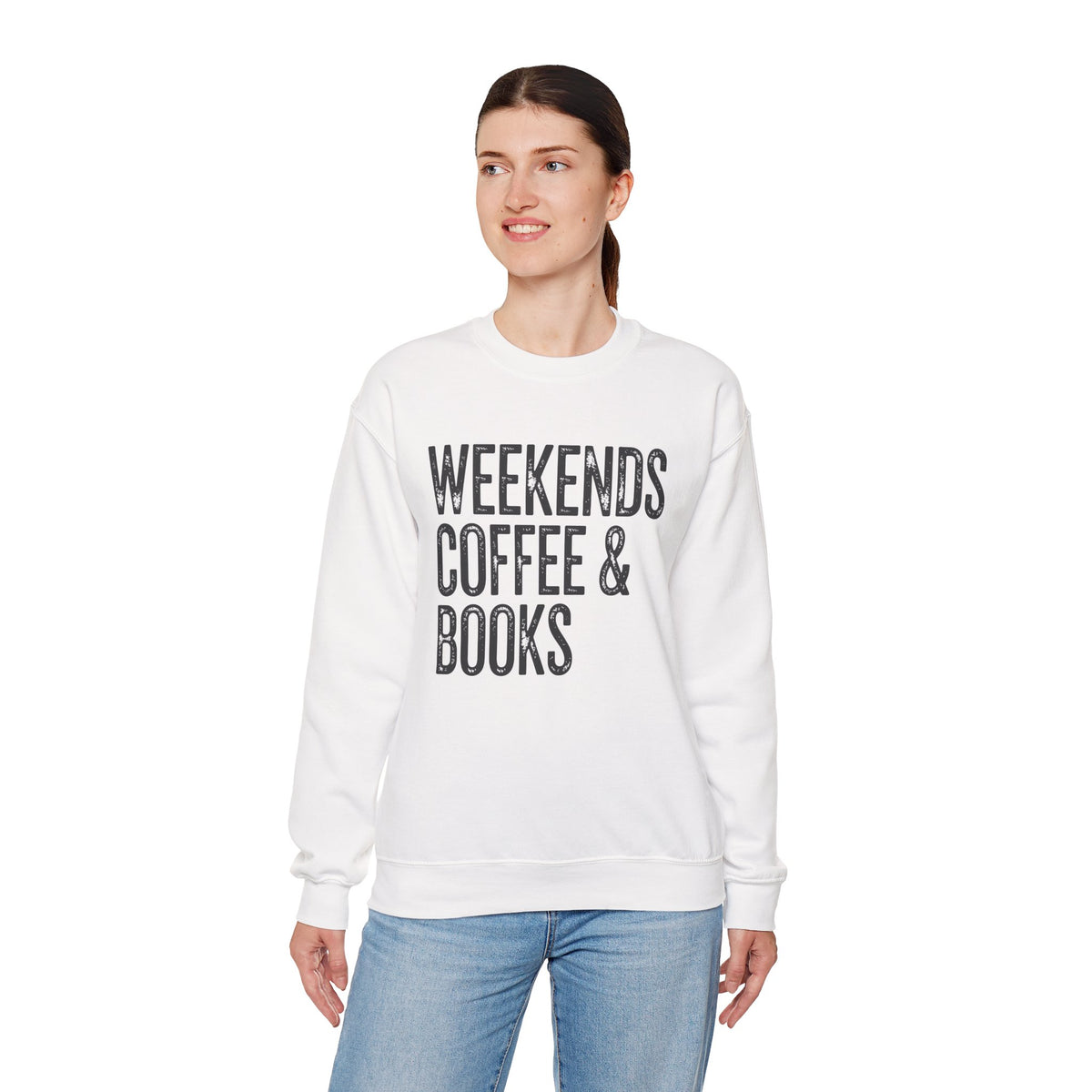 Weekends, Coffee & Books – Gildan Heavy Blend | Trendy Women’s and Men's Soft Sweatshirt. Direct to Garment. Printed & Shipped in the USA. Unisex Sizes.