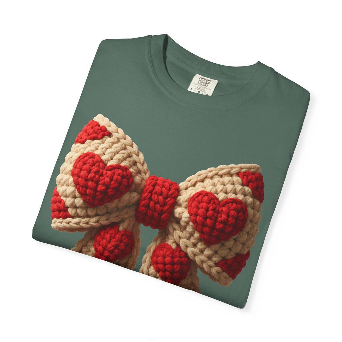 Faux Crochet Valentine Bow - Comfort Colors | Trendy Women's T-Shirt. Direct to Garment. Printed & Shipped in the USA. Unisex Sizes.