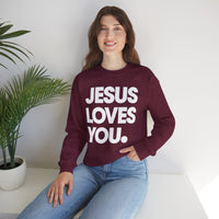 Jesus Loves You – Gildan Heavy Blend | Trendy Women’s and Men's Soft Sweatshirt. Direct to Garment. Printed & Shipped in the USA. Unisex Sizes.