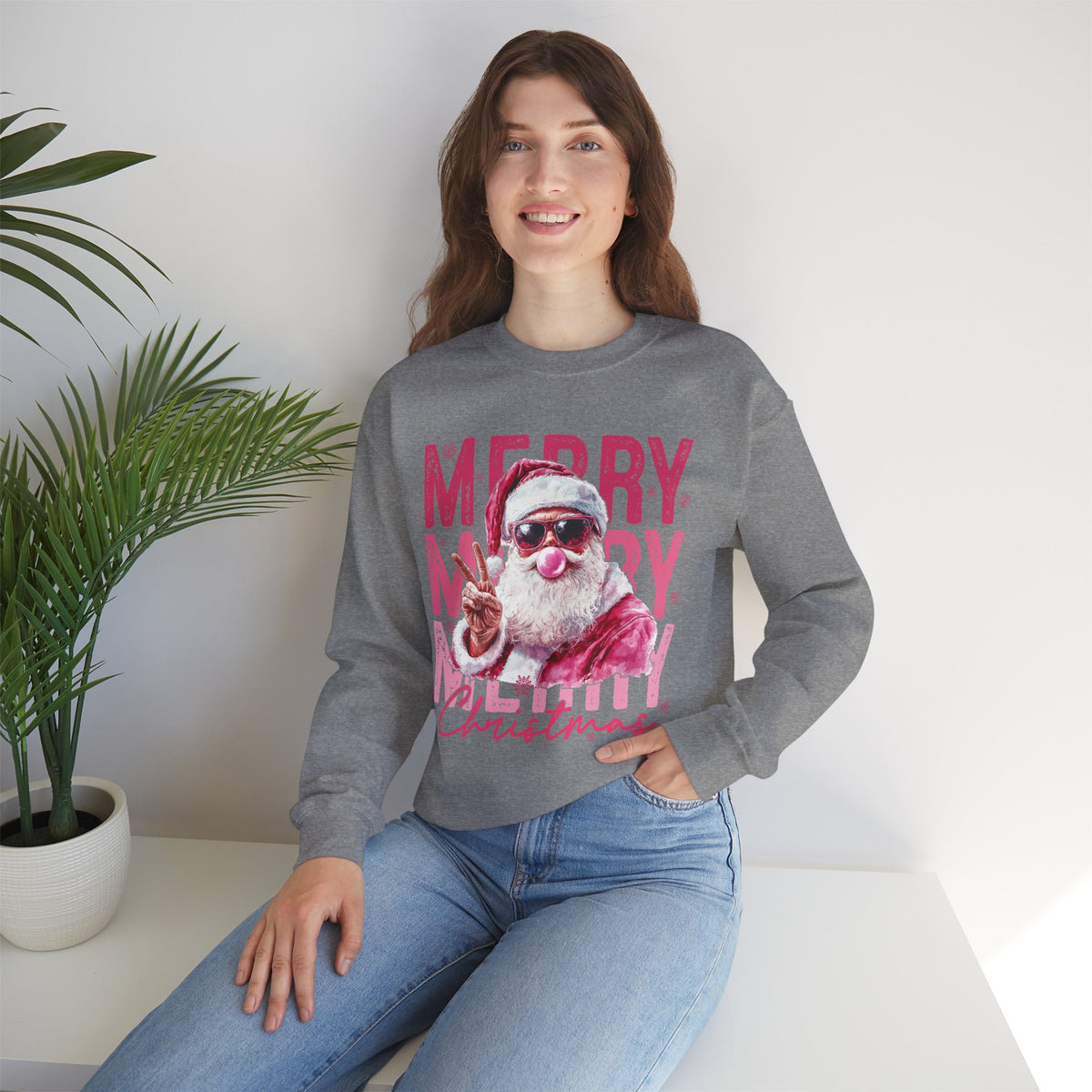 Pink Merry Christmas Bubblegum Santa – Gildan Heavy Blend | Trendy Women’s Soft Sweatshirt. Direct to Garment. Printed & Shipped in the USA. Unisex Sizes.