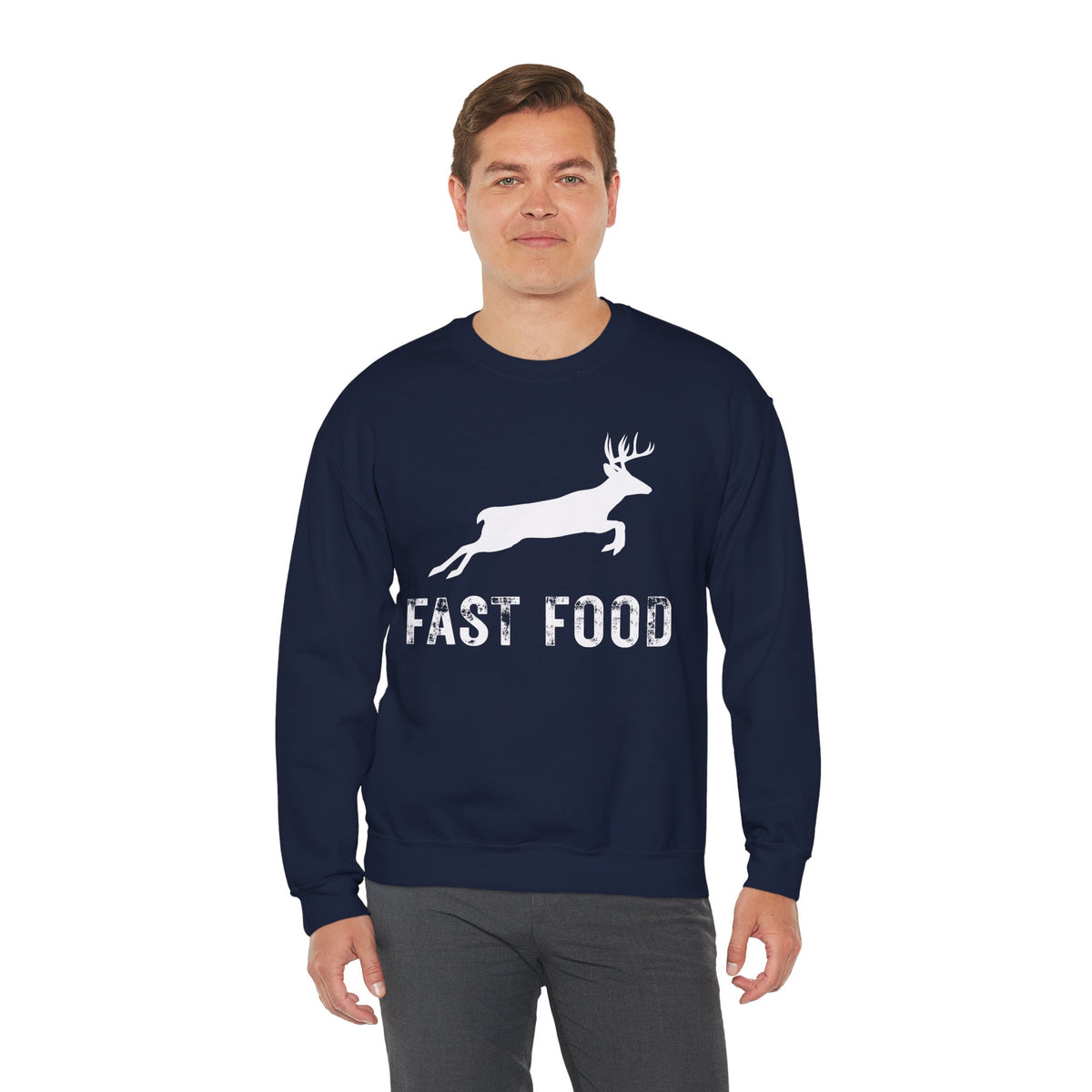 Fast Food Deer Hunting Humor Distressed – Gildan Heavy Blend | Trendy Men's and Women’s Soft Sweatshirt. Direct to Garment. Printed & Shipped in the USA. Unisex Sizes.