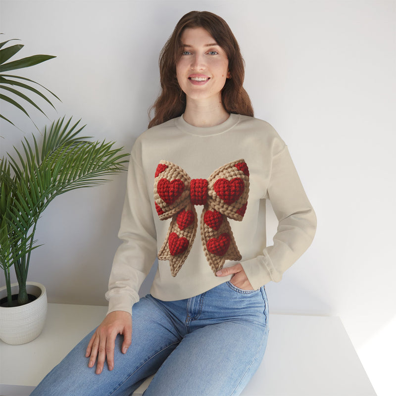 Faux Crochet Valentine Bow – Gildan Heavy Blend | Trendy Women’s Soft Sweatshirt. Direct to Garment. Printed & Shipped in the USA. Unisex Sizes.
