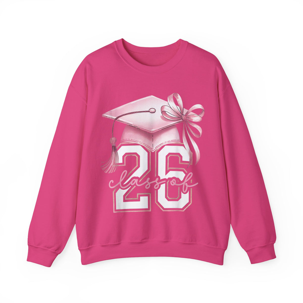 Pink Coquette, Class of 2026 Graduation Cap – Gildan Heavy Blend | Trendy Women’s Soft Sweatshirt. Direct to Garment. Printed & Shipped in the USA. Unisex Sizes.