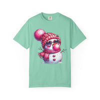 Pink Girly Snowman with Heart Sunglasses and Bubblegum Winter - Comfort Colors | Trendy Women's T-Shirt. Direct to Garment. Printed & Shipped in the USA. Unisex Sizes.