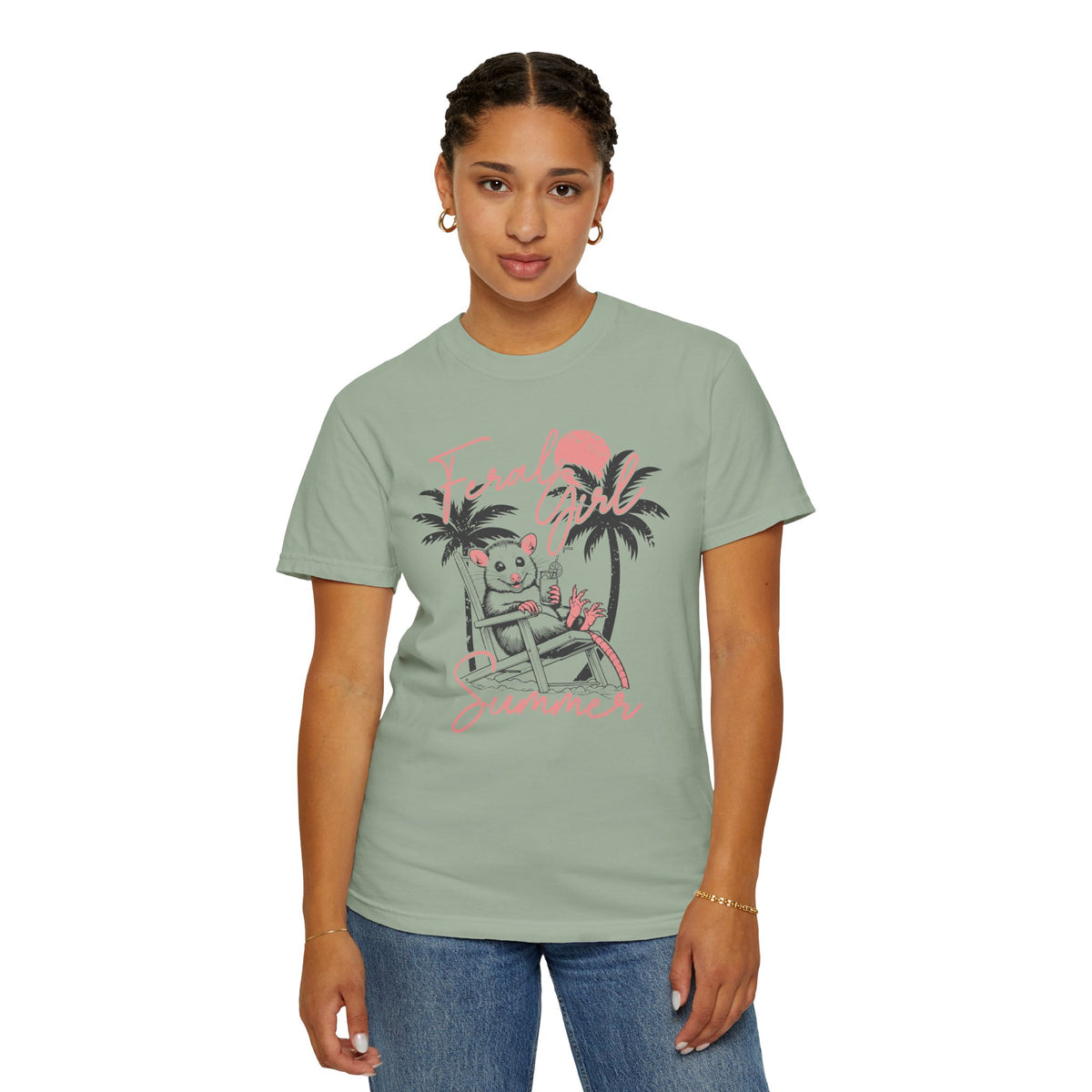 Feral Girl Summer, Possum on a Beach - Comfort Colors | Trendy Women's T-Shirt. Direct to Garment. Printed & Shipped in the USA. Unisex Sizes.