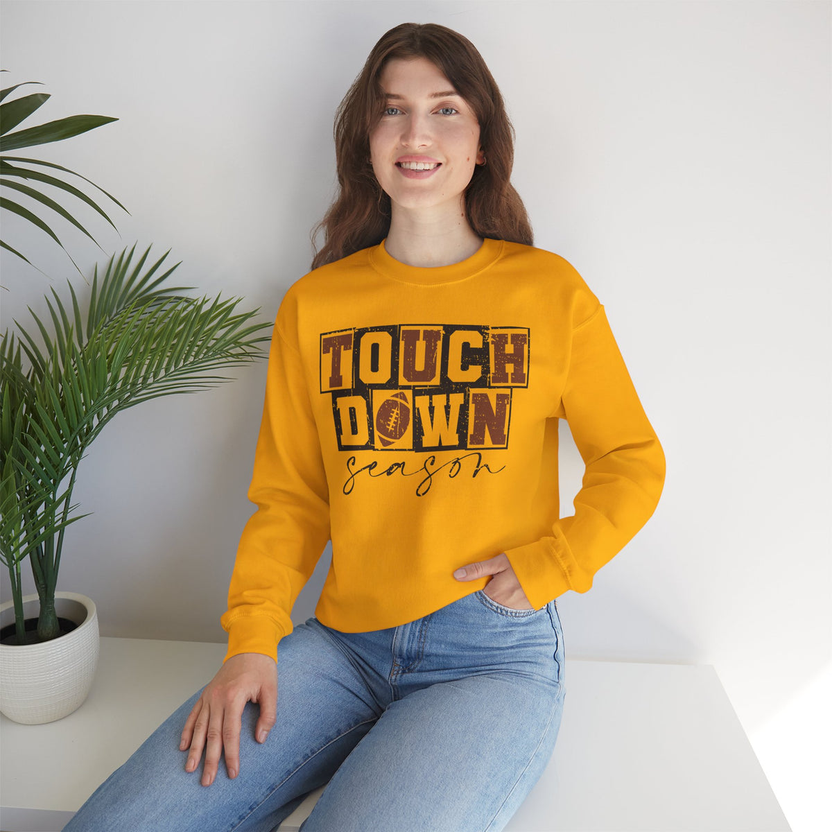 Touchdown Season - Distressed – Gildan Heavy Blend | Trendy Men's and Women’s Soft Sweatshirt. Direct to Garment. Printed & Shipped in the USA. Unisex Sizes.