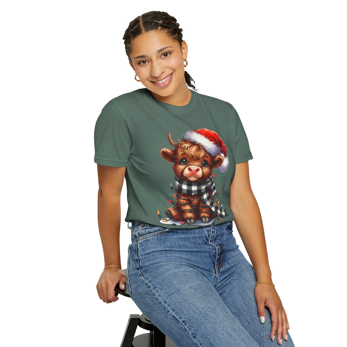 Cute Highland Cow Santa Hat Scarf Christmas Lights - Comfort Colors | Trendy Unisex T-Shirt. Direct to Garment. Printed & Shipped in the USA. Unisex Sizes.