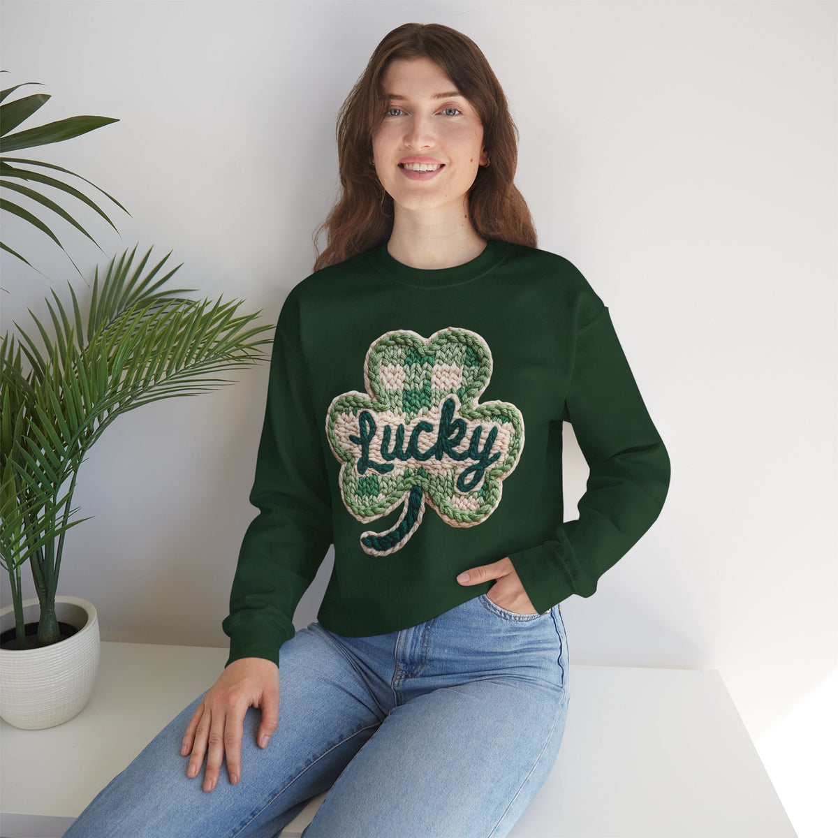 Lucky Shamrock Faux Knit – Gildan Heavy Blend | Trendy Men's and Women’s Soft Sweatshirt. Direct to Garment. Printed & Shipped in the USA. Unisex Sizes.