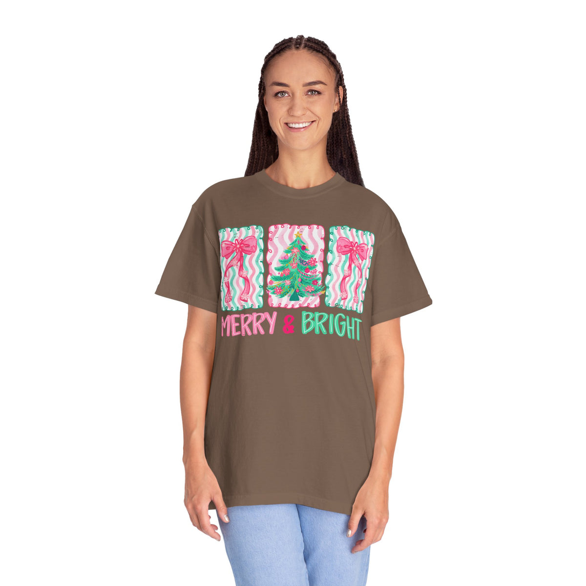 Merry & Bright Christmas — Pink & Green Holiday Tree Design - Comfort Colors | Trendy Women's T-Shirt. Direct to Garment. Printed & Shipped in the USA. Unisex Sizes.