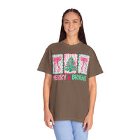 Merry & Bright Christmas — Pink & Green Holiday Tree Design - Comfort Colors | Trendy Women's T-Shirt. Direct to Garment. Printed & Shipped in the USA. Unisex Sizes.