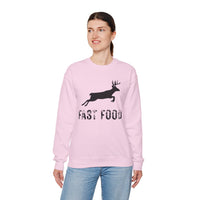 Fast Food Deer Hunting Humor Distressed – Gildan Heavy Blend | Trendy Men's and Women’s Soft Sweatshirt. Direct to Garment. Printed & Shipped in the USA. Unisex Sizes.