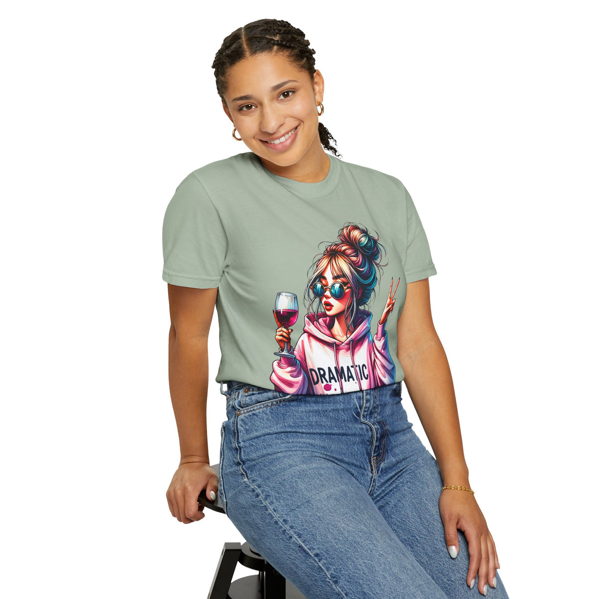 Dramatic Girl With Wine Messy Bun Peace Sign  - Comfort Colors | Trendy Women's T-Shirt. Direct to Garment. Printed & Shipped in the USA. Unisex Sizes.