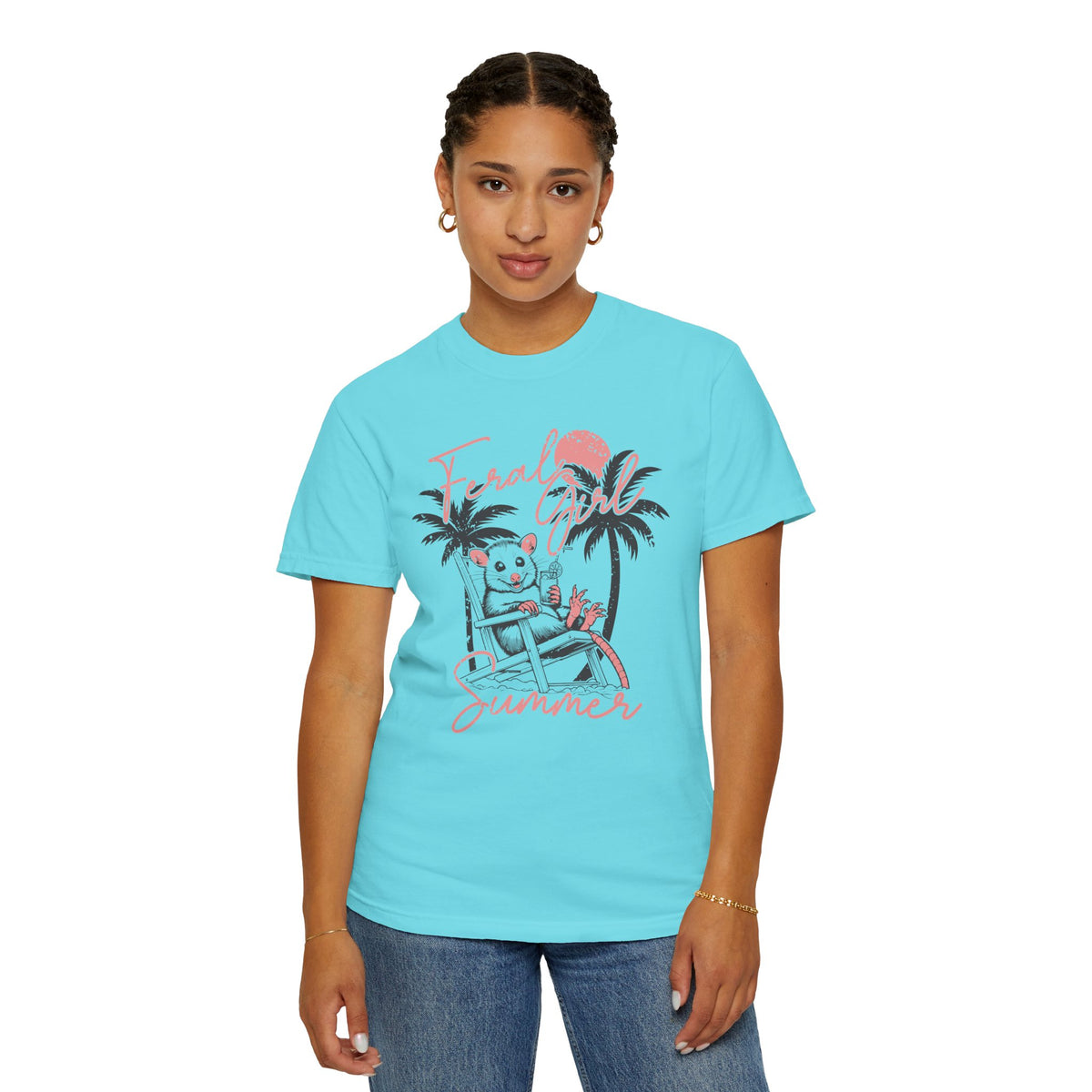 Feral Girl Summer, Possum on a Beach - Comfort Colors | Trendy Women's T-Shirt. Direct to Garment. Printed & Shipped in the USA. Unisex Sizes.