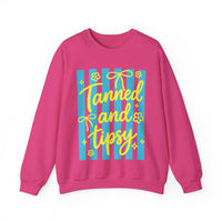 Tanned and Tipsy – Gildan Heavy Blend | Trendy Women’s Soft Sweatshirt. Direct to Garment. Printed & Shipped in the USA. Unisex Sizes.